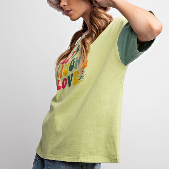 NEW EASEL LIVE LAUGH AND LOVE PRINT WASHED COTTON JERSEY TOP SHIRT SMALL GREEN - Picture 2 of 5